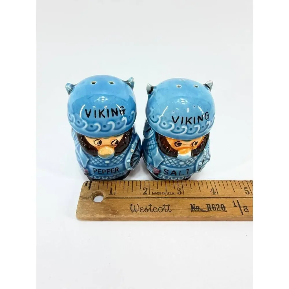 Vintage Viking Salt Pepper Shakers Japan Ceramic Blue Norse Figurines